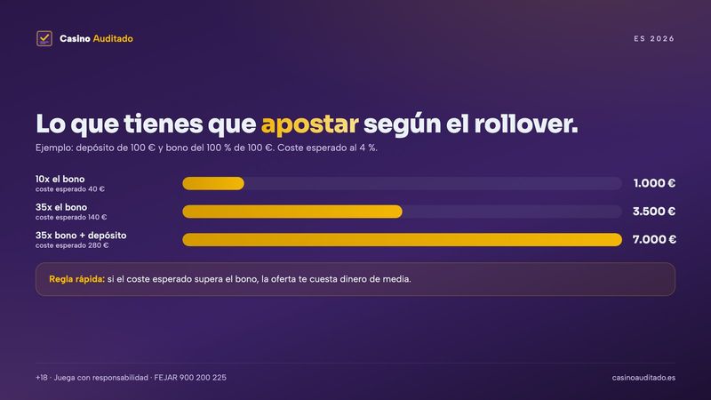Ejemplo de rollover de un bono de bienvenida de 100 € con 10x, 35x y 35x sobre bono más depósito