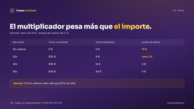 Ejemplo en euros: valor esperado de un bono sin depósito de 10 € con rollover de 20x, 40x y 60x