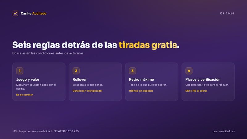 Condiciones de las tiradas gratis: juego asignado, valor por tirada, rollover, retiro máximo y caducidad